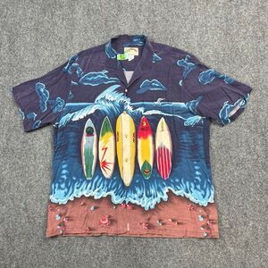 Paradise Found Shirt Mens 2XL XXL Blue Hawaiian Surfboard Surfer Print Button Up